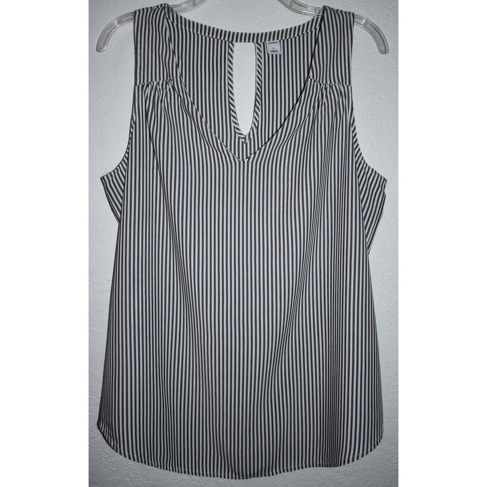 Old Navy Large Gray White Striped Sleeveless V-Neck Keyhole Rayon Blouse